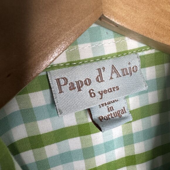 PAPO D'‎ ANJO Boys Plaid Shirt Size 6 Years Button Down Up Cotton Green Gingham - Picture 2 of 4